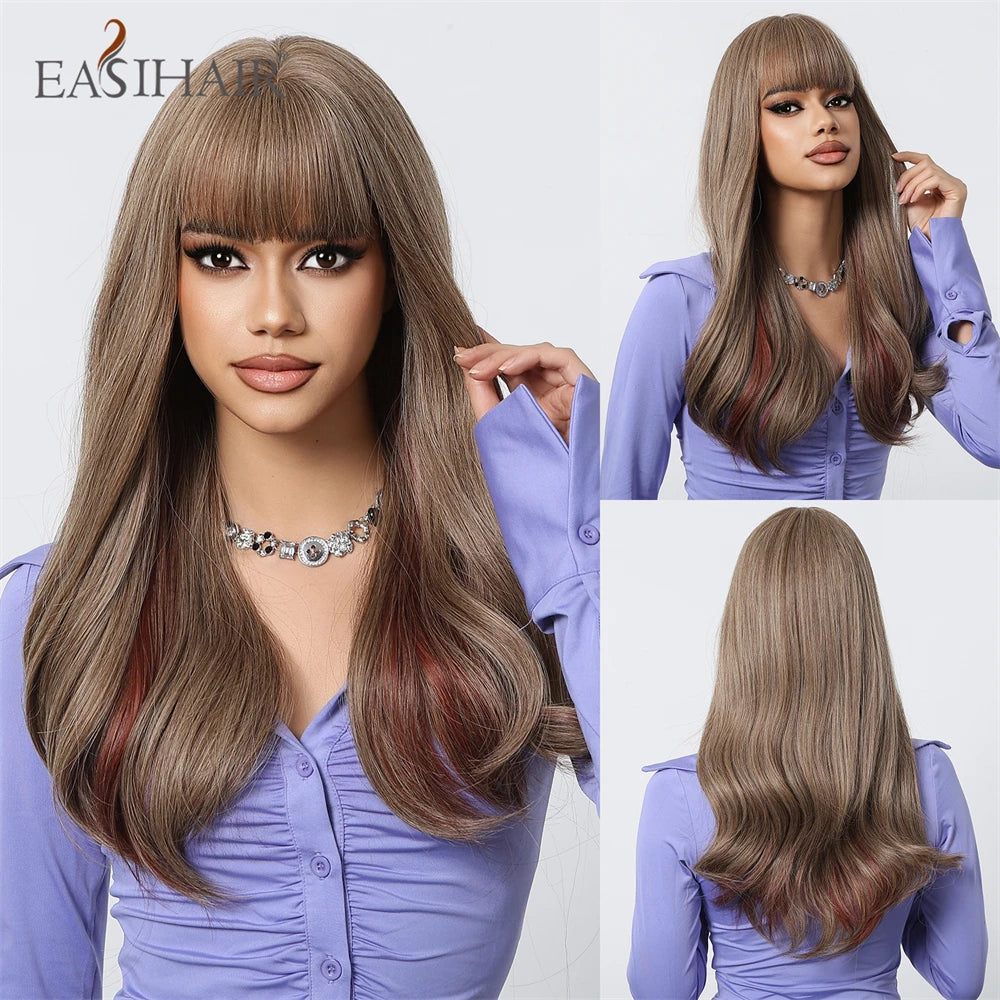 Long Curly Wave Synthetic Wigs Ombre Brown Blonde Wigs with Bangs for Women Daily Cosplay Party Party Heat Resistant Fake Hairs