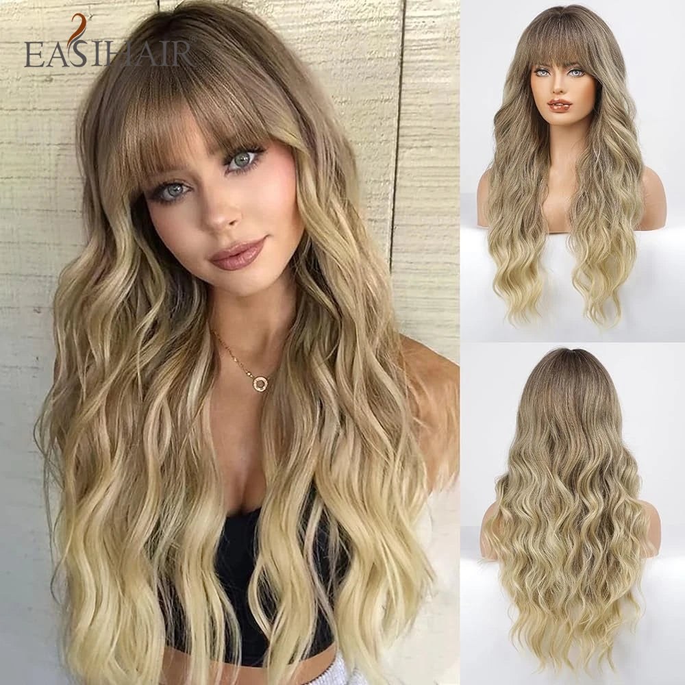 Long Curly Wave Synthetic Wigs Ombre Brown Blonde Wigs with Bangs for Women Daily Cosplay Party Party Heat Resistant Fake Hairs