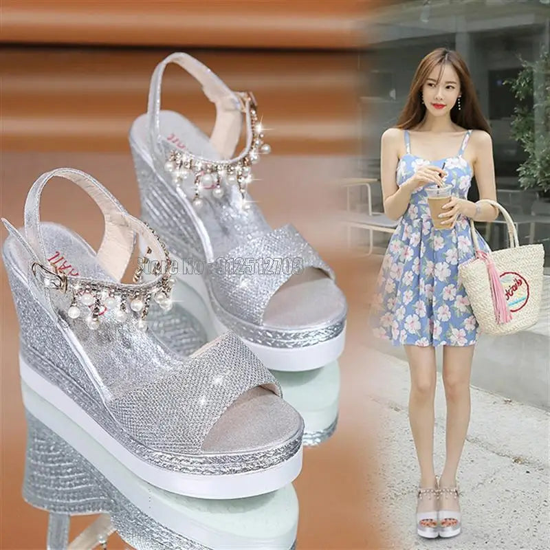 Girls Sandals Summer New Women Pump Fashion Rhinestone Platform Wedge Casual Female 10Cm Ladies High Heels Shoes