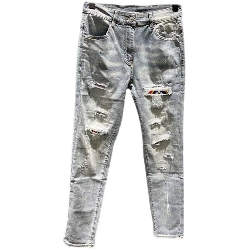 Designer Boyfriend Jeans for Men Vintage Patched Ripped Holes 90S Trendy Style Skinny Blue Distressed Washed Denim Pants Male