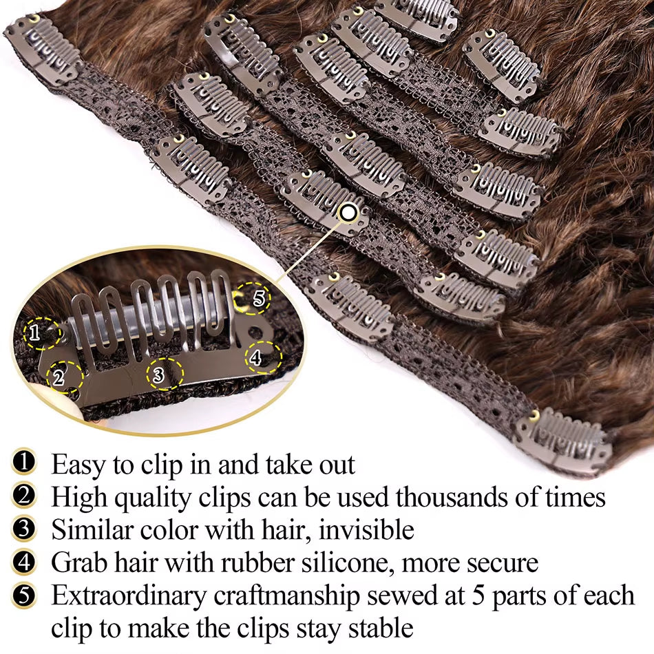 Synthetic Clip in Hair Extension Full Head Long 26”140G Afro Kinky Curly Fake Hair Pieces Clip-On Blacke Brown Hairpin for Women