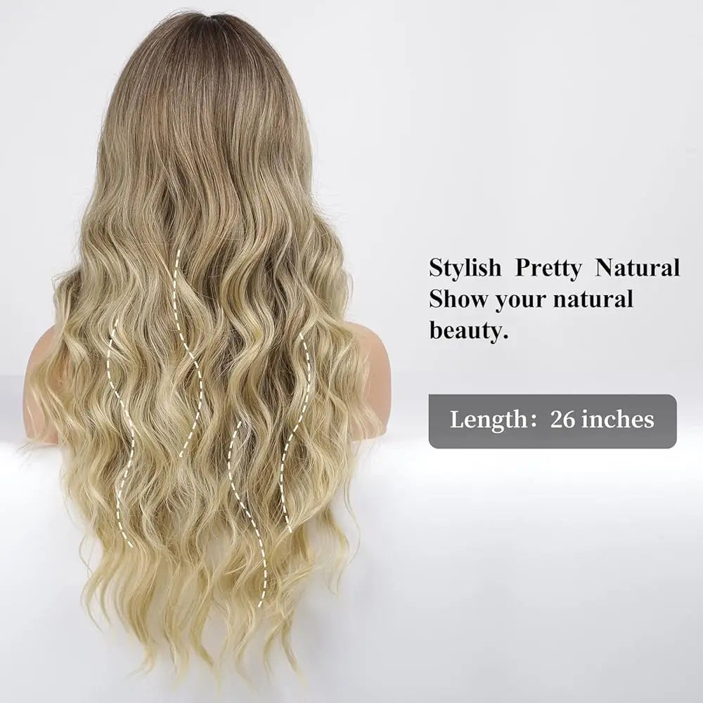 Long Curly Wave Synthetic Wigs Ombre Brown Blonde Wigs with Bangs for Women Daily Cosplay Party Party Heat Resistant Fake Hairs