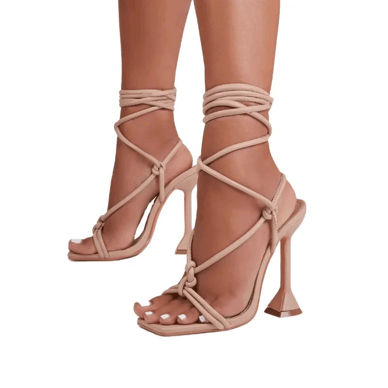 Women Sandals High Heels Summer Shoes Women Square Toe Roma Lace up Pumps Sandales Ladies Shoes High Heels Zapatos Mujer WSH3949