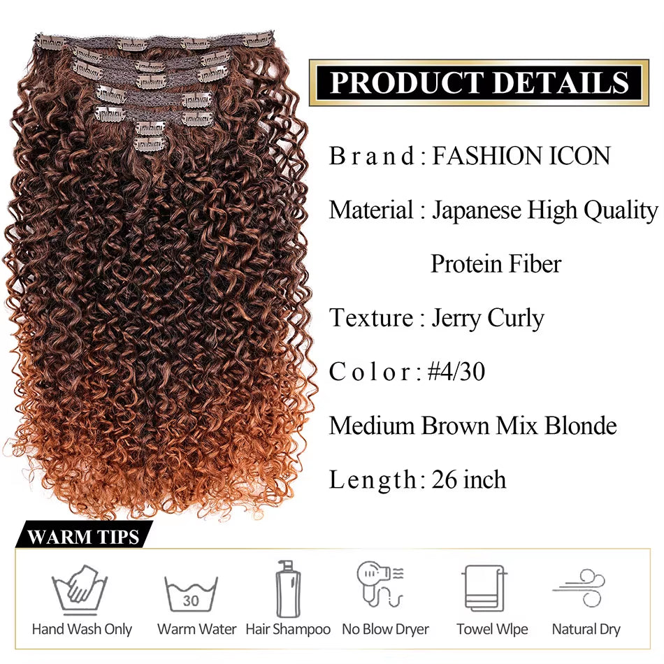Synthetic Clip in Hair Extension Full Head Long 26”140G Afro Kinky Curly Fake Hair Pieces Clip-On Blacke Brown Hairpin for Women