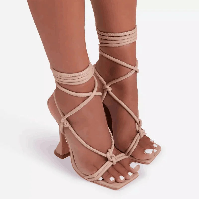 Women Sandals High Heels Summer Shoes Women Square Toe Roma Lace up Pumps Sandales Ladies Shoes High Heels Zapatos Mujer WSH3949