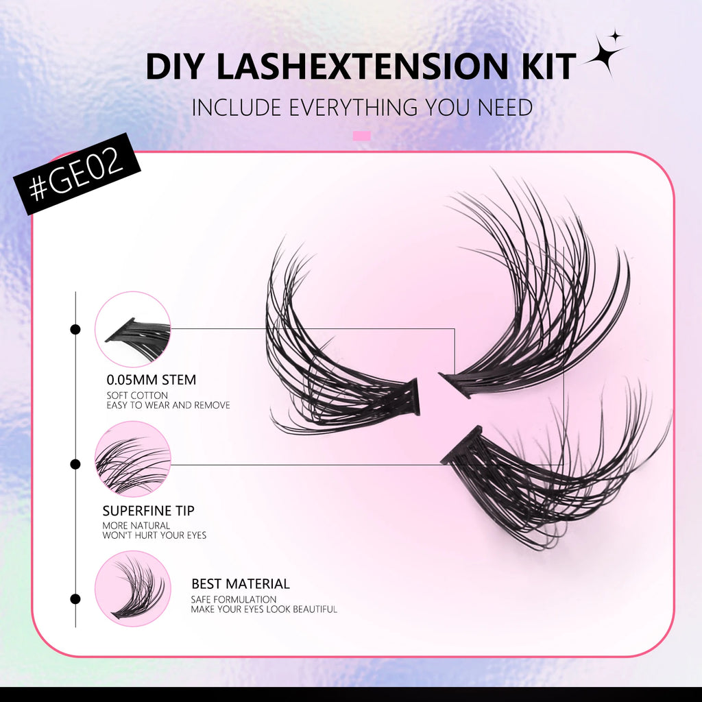 Lashes Clusters Kit Cat Eye Lashes Individual Eyelashes with ​​Lash Bond & Seal Full Set Lashes Extension Makeup Tools
