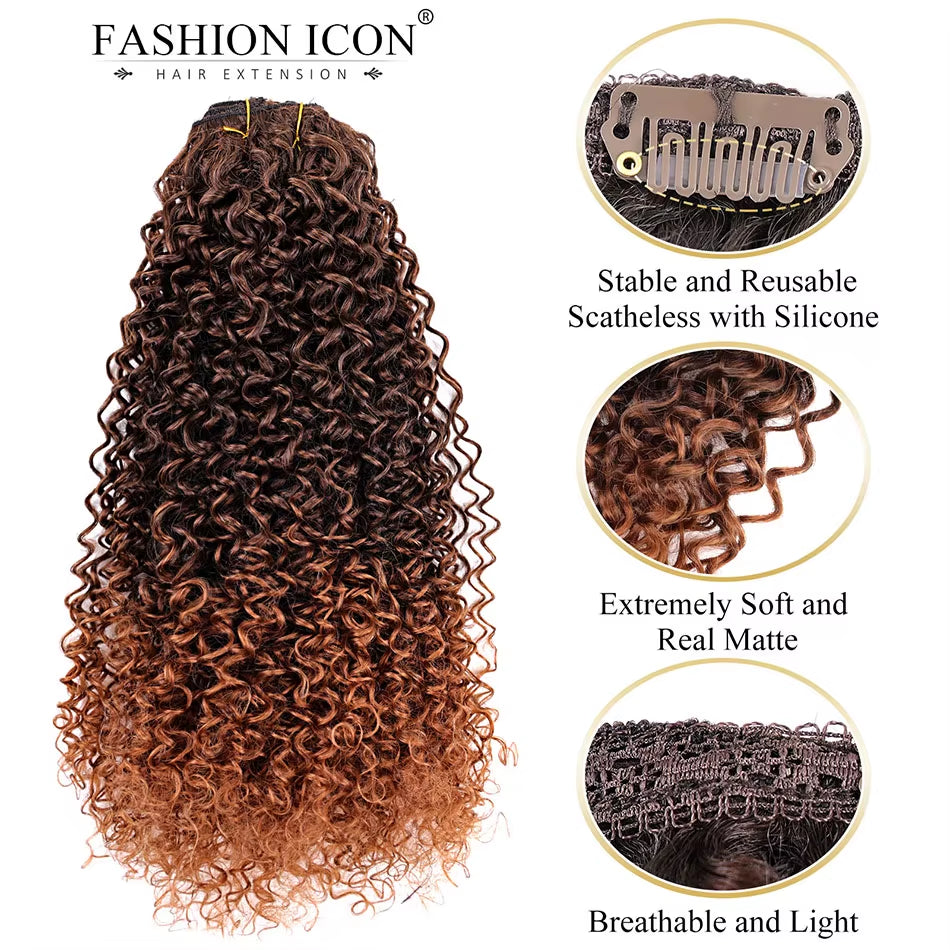 Synthetic Clip in Hair Extension Full Head Long 26”140G Afro Kinky Curly Fake Hair Pieces Clip-On Blacke Brown Hairpin for Women