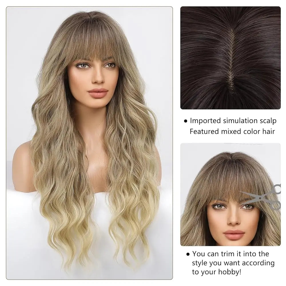Long Curly Wave Synthetic Wigs Ombre Brown Blonde Wigs with Bangs for Women Daily Cosplay Party Party Heat Resistant Fake Hairs