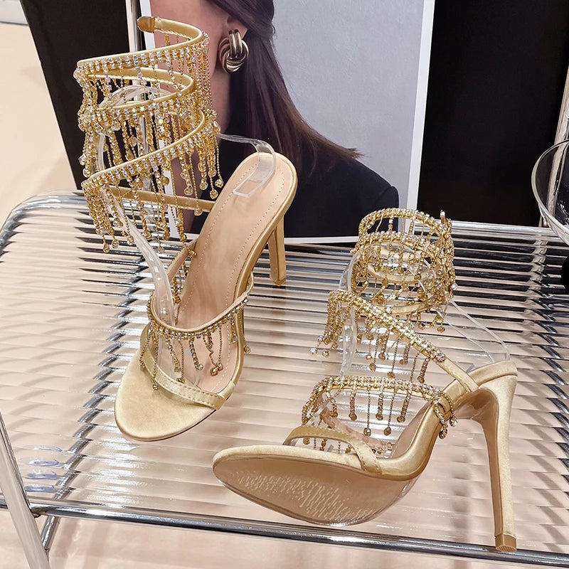 Fashion Rhinestones Peep Toe Ladies High Heels Crystal Shoes Women Thin Heels Golden Shoes Gladiator Sandals Female Footwear