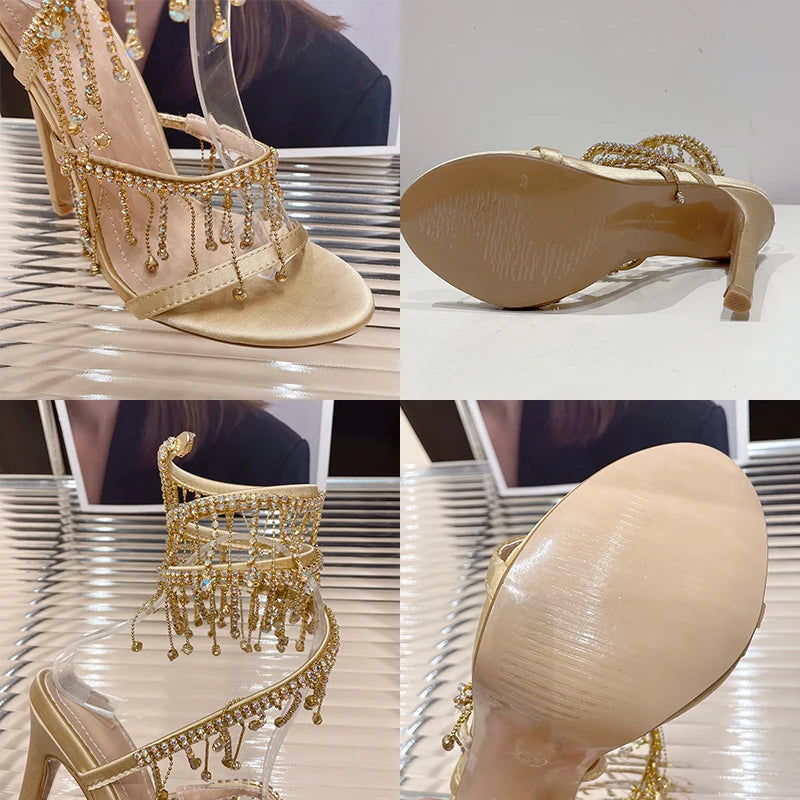 Fashion Rhinestones Peep Toe Ladies High Heels Crystal Shoes Women Thin Heels Golden Shoes Gladiator Sandals Female Footwear