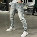 Designer Boyfriend Jeans for Men Vintage Patched Ripped Holes 90S Trendy Style Skinny Blue Distressed Washed Denim Pants Male