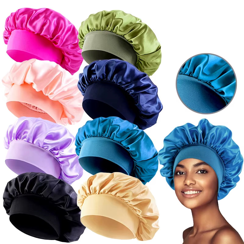 New Women'S Satin Solid Wide-Brimmed Sleeping Hat Unisex Head Wrap Elastic Band Cap Hair Care Bonnet Night Hat Bonnet De Nuit